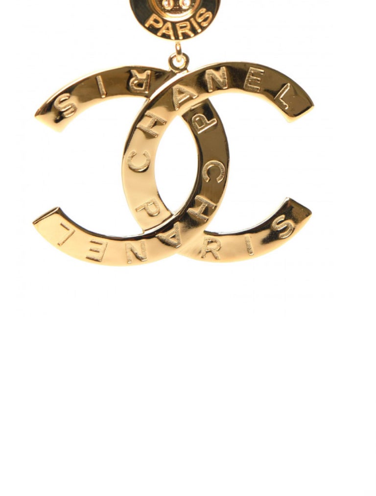 Chanel Runway Button Metal Logo Large Dangle Drop Statement Earrings