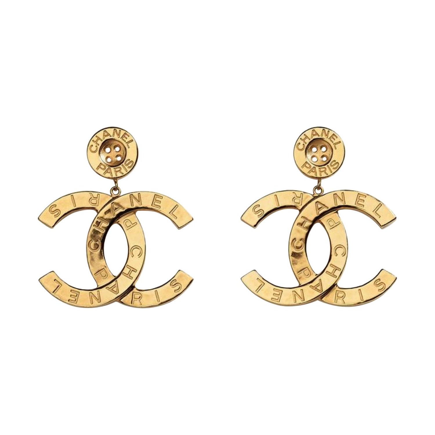 Chanel Runway Button Metal Logo Large Dangle Drop Statement Earrings at  1stDibs | chanel runway earrings, gold chanel earrings, chanel button  earrings