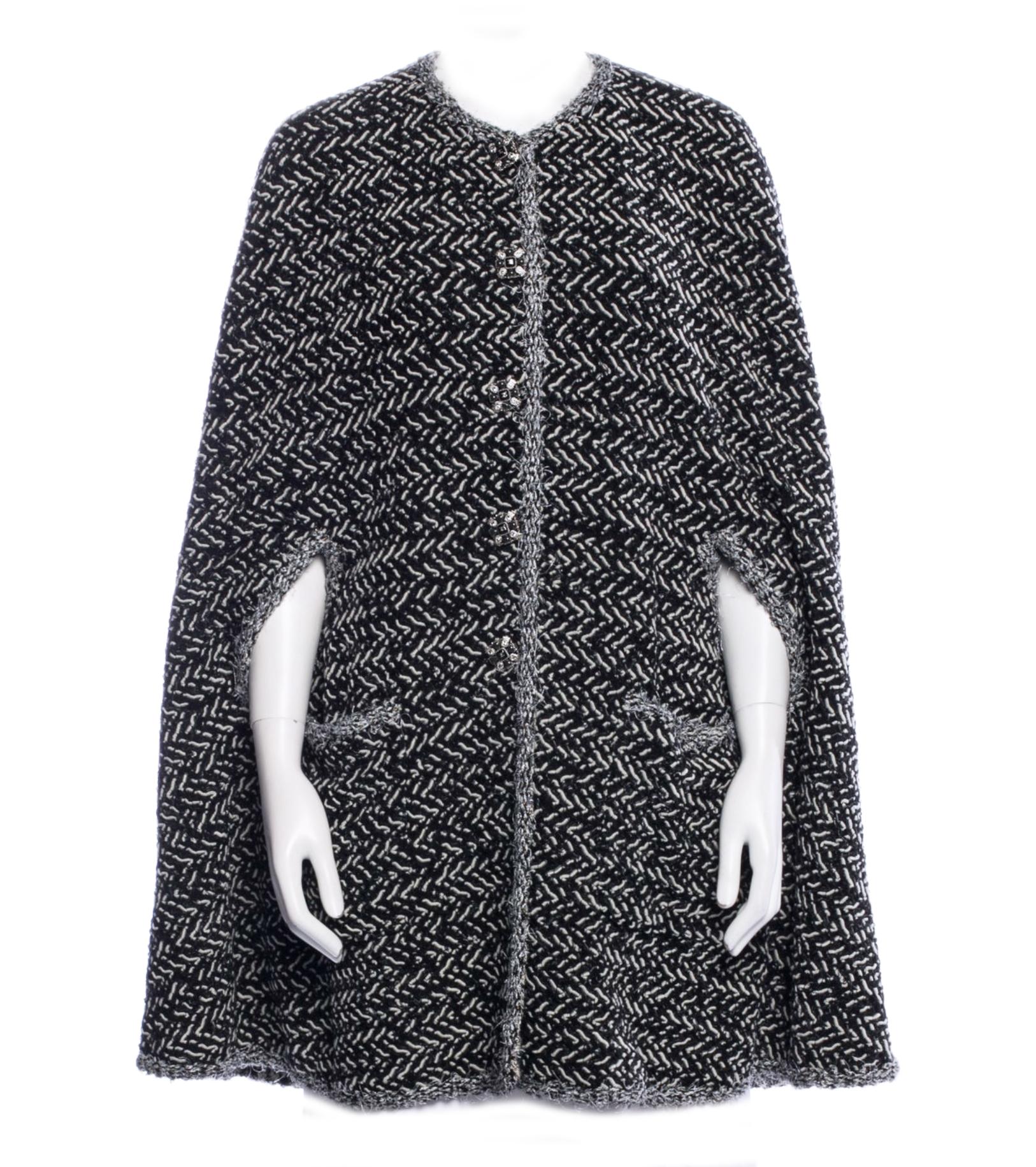 Black Chanel Runway CC Gripoix Buttons Tweed Cape 50 FR