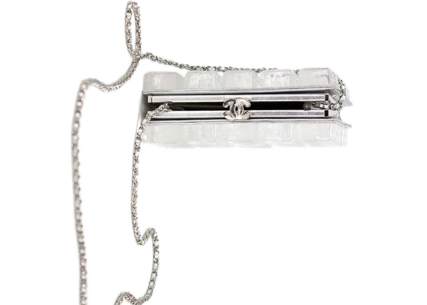Plexiglass
Crystal
Leather 
Silver-tone hardware
Satin lining
Crystal push-lock closure
Shoulder strap drop 28