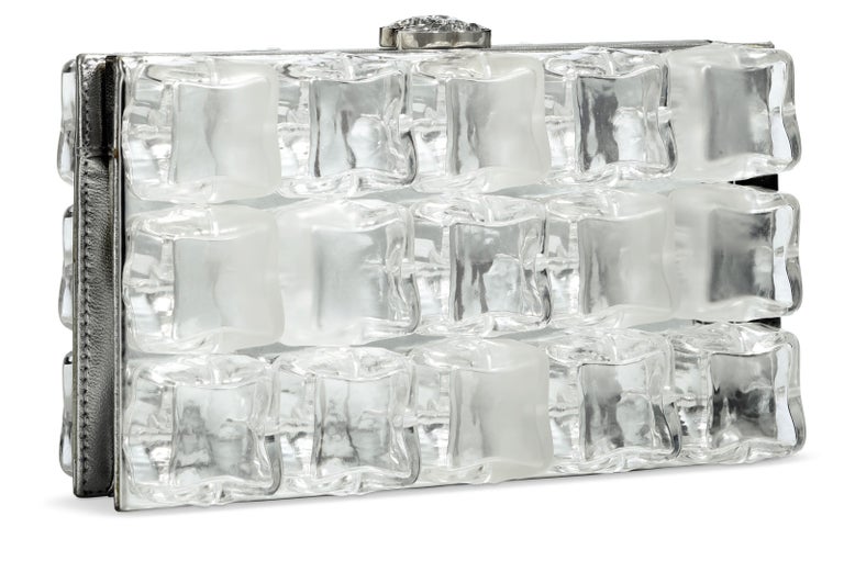 Chanel Runway Clear Plexi Block Cube Silver Leather Evening Clutch Shoulder  Bag