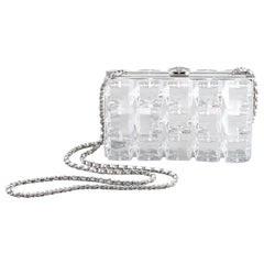 Chanel Runway Clear Plexi Block Cube Silver Leather Evening Clutch Shoulder Bag