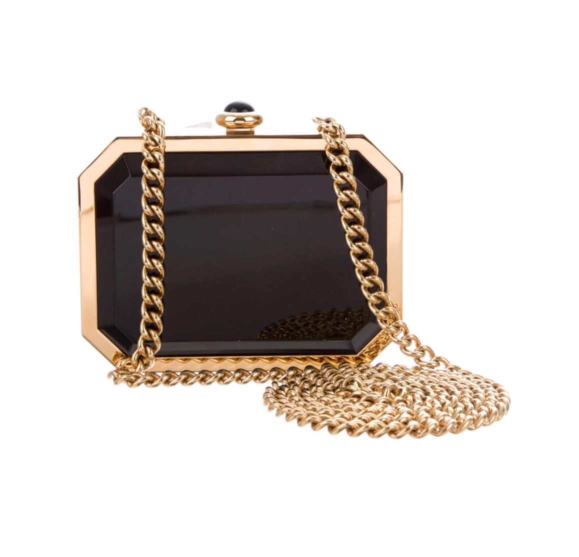 Women's Chanel Runway Clear Plexiglass Black Gold Chain Watch Evening Shoulder Bag