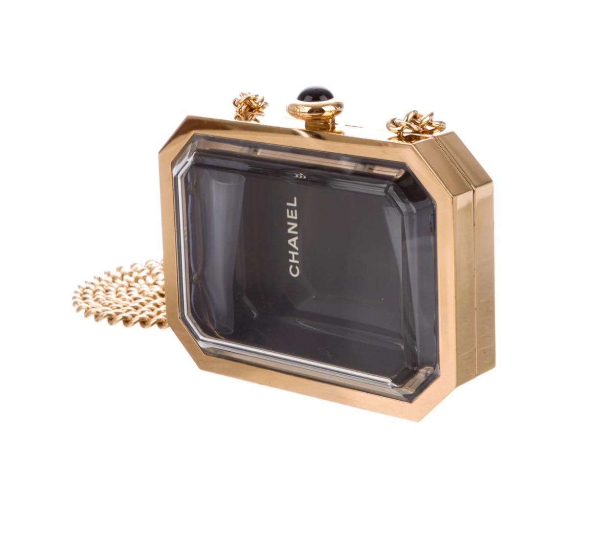 Chanel Runway Clear Plexiglass Black Gold Chain Watch Evening Shoulder Bag 1