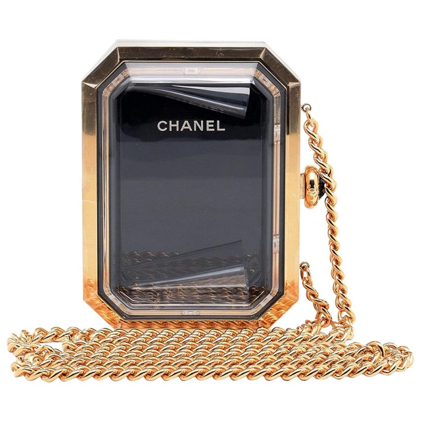 Chanel Runway Clear Plexiglass Black Gold Chain Watch Evening Shoulder Bag