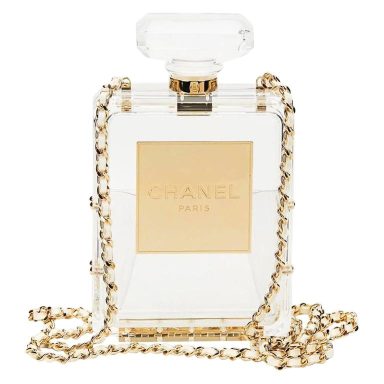 Chanel Runway Clear Resin Leather Gold Perfume Bottle Chain Evening  Shoulder Bag