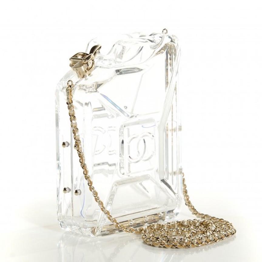 Chanel Runway Clear Translucent Gold Leather Evening Shoulder Bag in Box In Good Condition In Chicago, IL