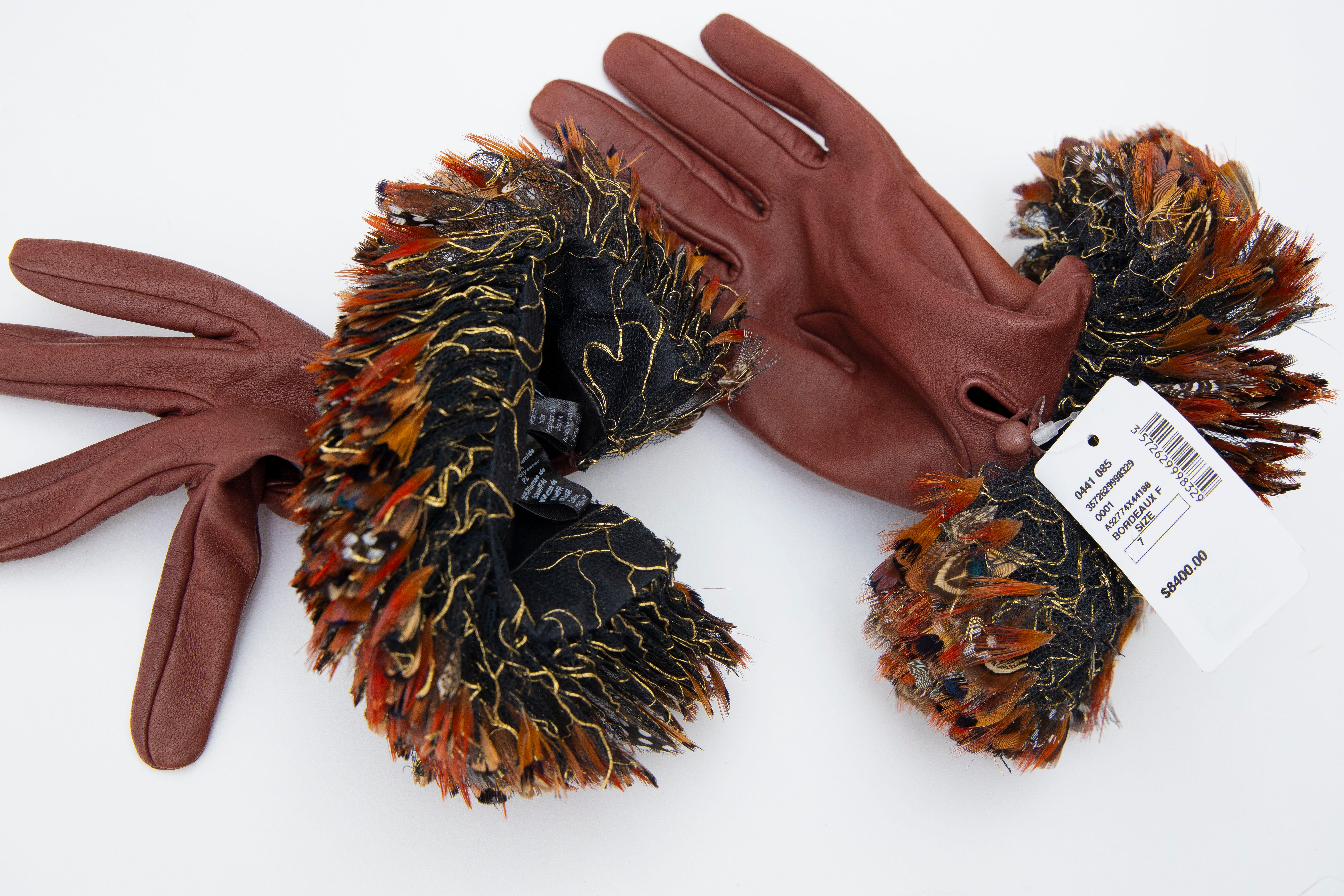 Brown Chanel Runway Cognac Leather Causse Gloves with Lemarié Feathers, Pre-Fall 2013 For Sale