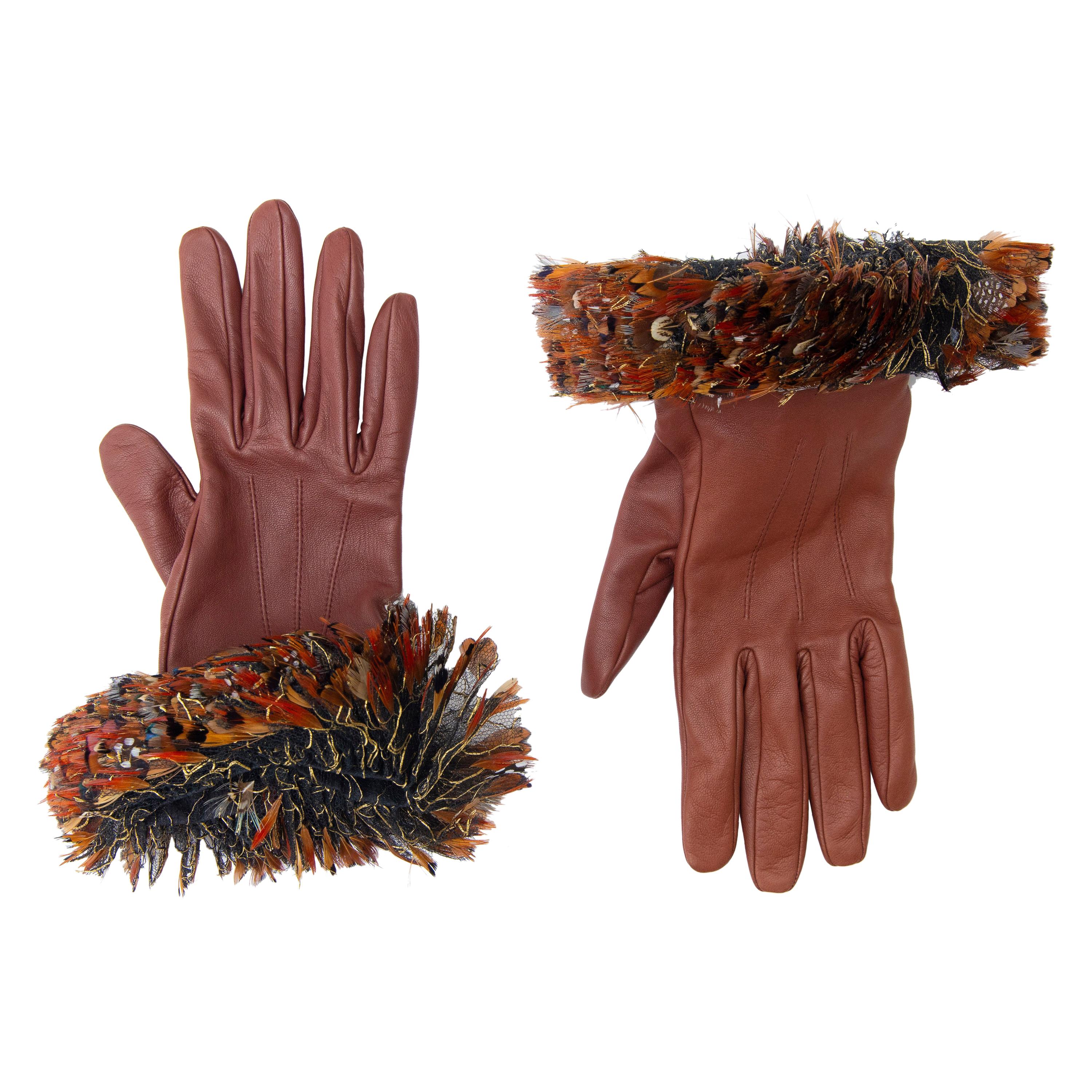 Chanel Runway Cognac Leather Causse Gloves with Lemarié Feathers, Pre-Fall 2013 For Sale