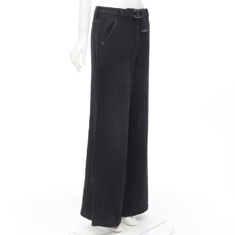 Black CHANEL Runway cotton black CC chain buckle belt wide leg bell bottom pants FR38 For Sale