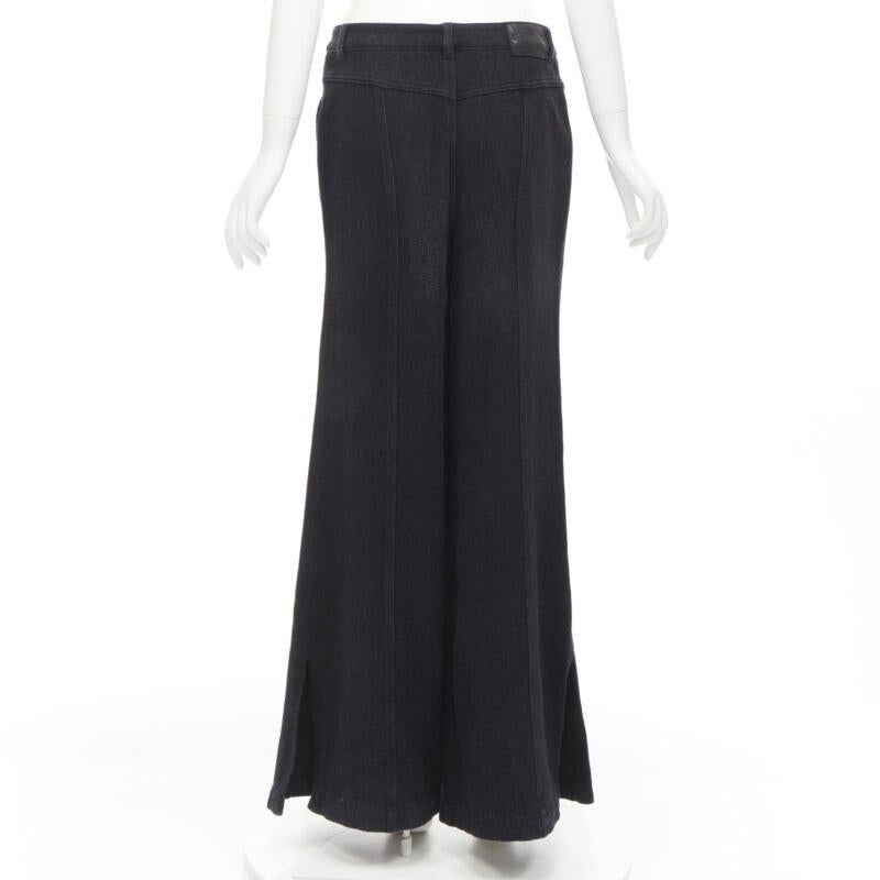 Women's CHANEL Runway cotton black CC chain buckle belt wide leg bell bottom pants FR38 For Sale