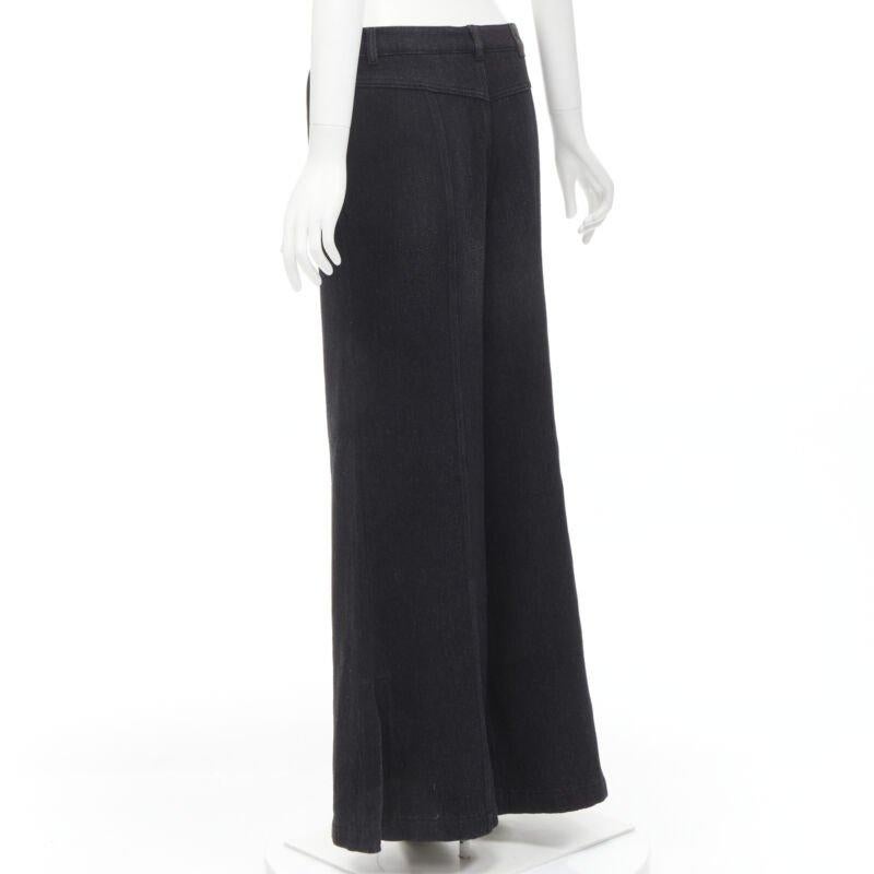 CHANEL Runway cotton black CC chain buckle belt wide leg bell bottom pants FR38 For Sale 1