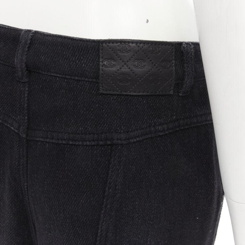 CHANEL Runway cotton black CC chain buckle belt wide leg bell bottom pants FR38 For Sale 2