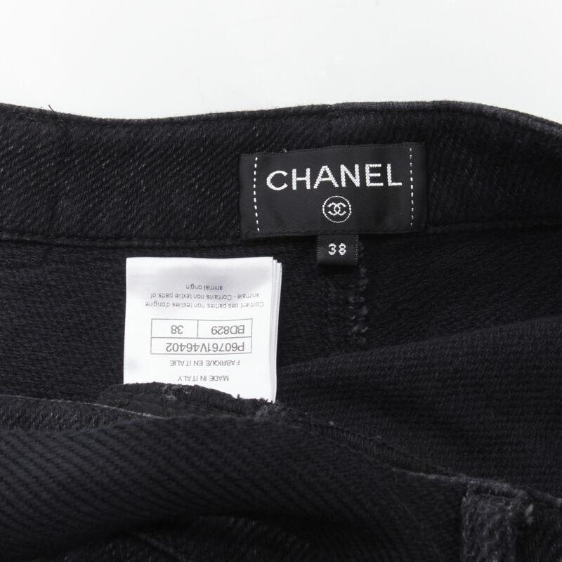 CHANEL Runway cotton black CC chain buckle belt wide leg bell bottom pants FR38 For Sale 4