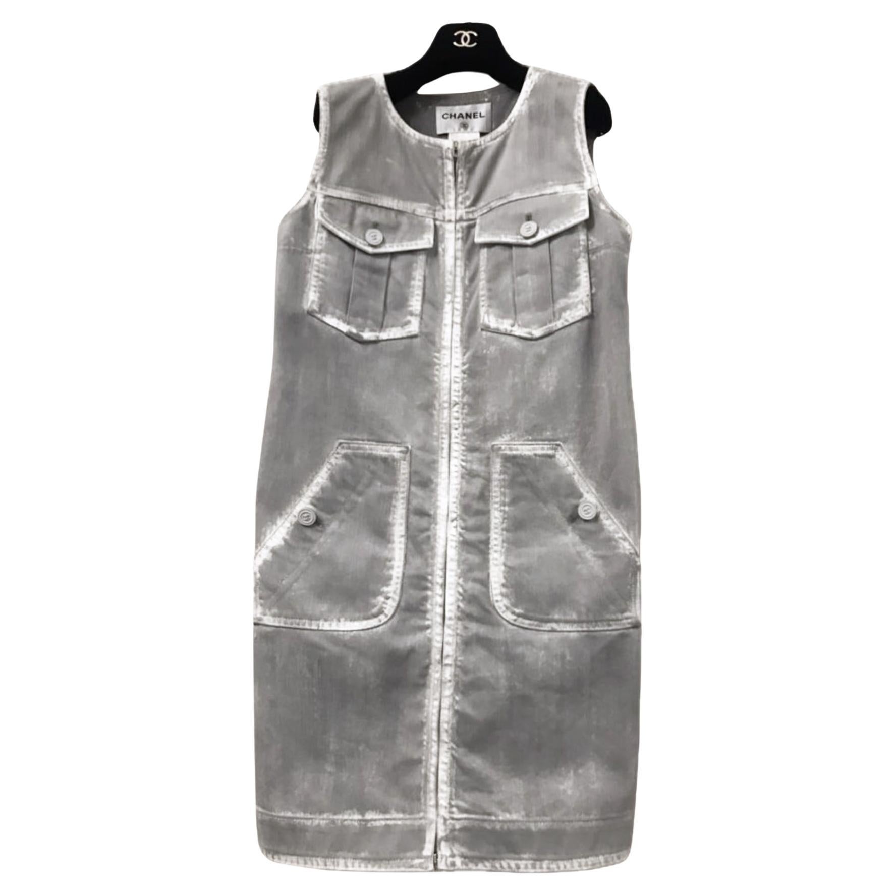 Chanel Runway Distressed Denim CC Buttons Jacket Dress  For Sale