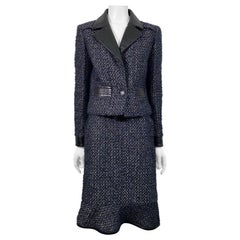 Chanel Runway Fall 2002 Navy Tweed and Black Leather Skirt Suit - Size 40