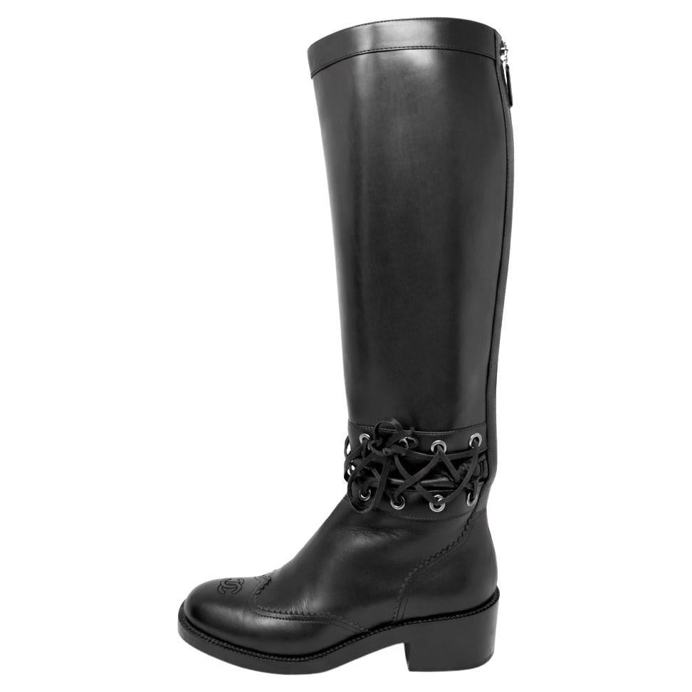 Chanel Runway Fall 2016 Black Leather Knee High Riding Boots 38.5 For Sale