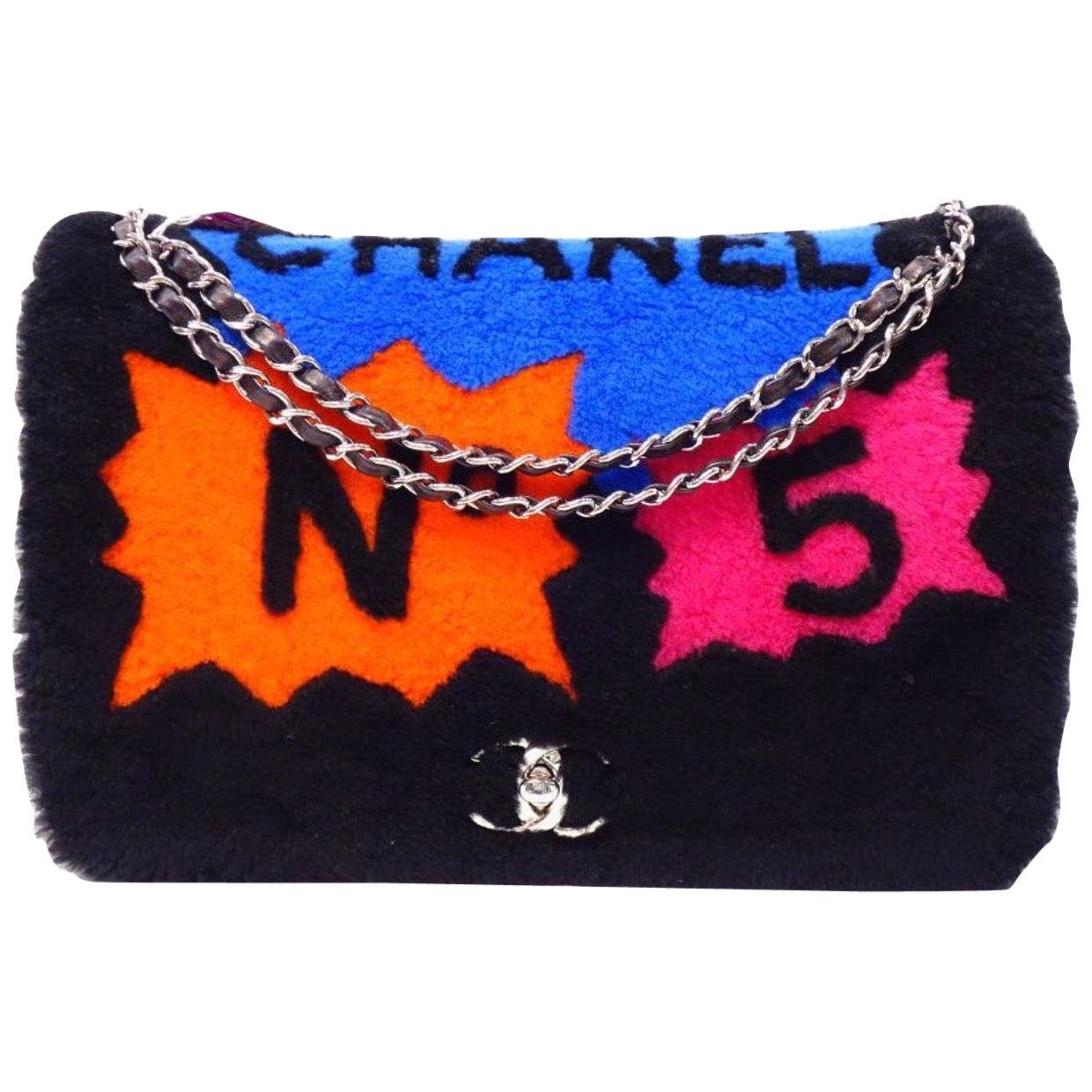 Chanel Runway Faux Fur Black Silver Leather No 5 CC Evening Shoulder Flap Bag