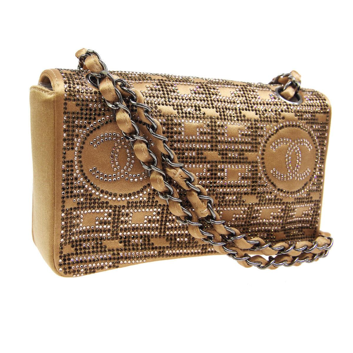 Brown Chanel Runway Gold Satin Rhinestone Silver Evening Shoulder Flap Bag in Box