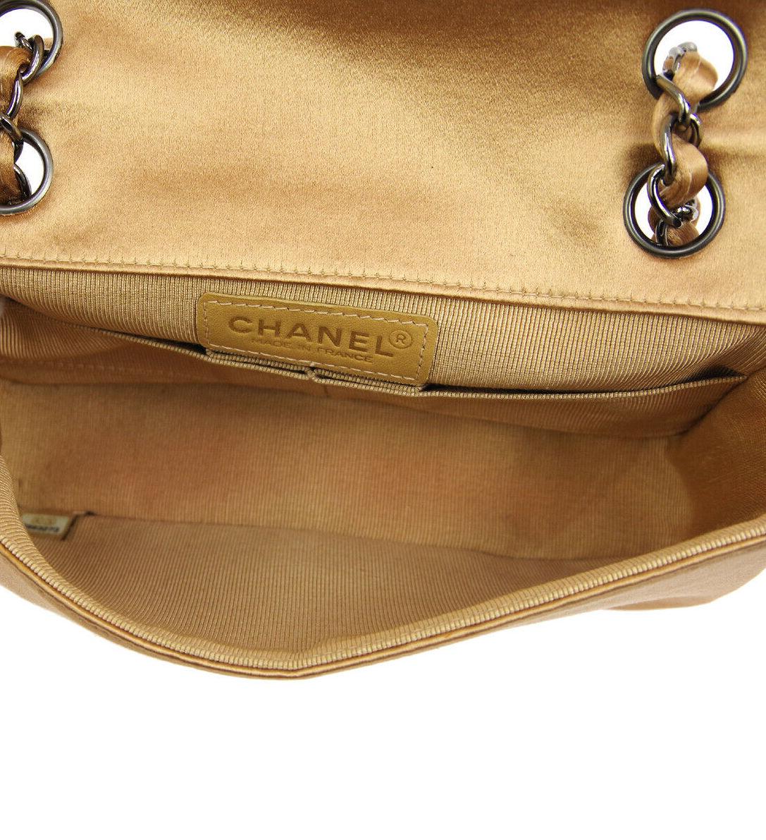 Women's Chanel Runway Gold Satin Rhinestone Silver Evening Shoulder Flap Bag in Box