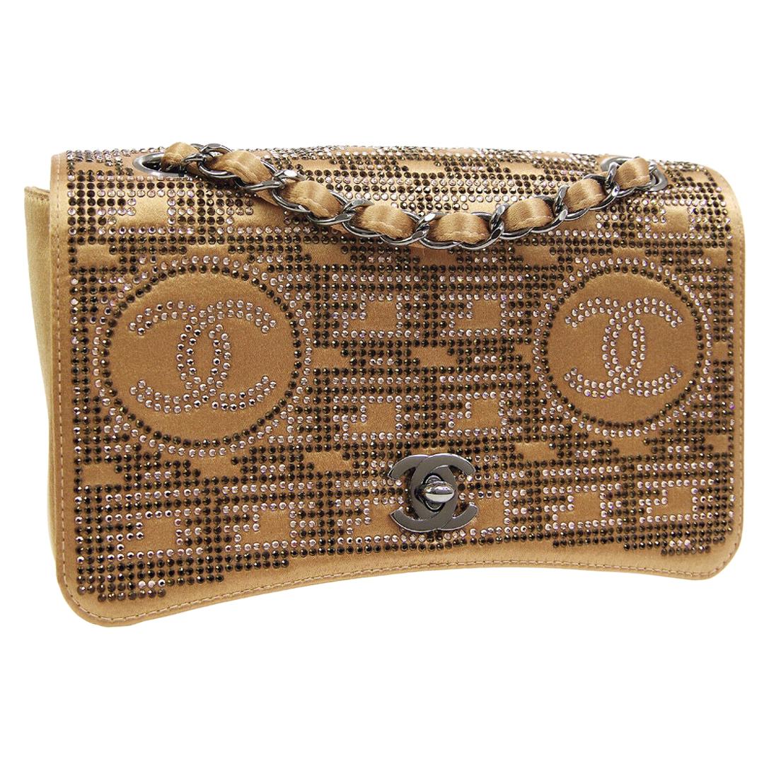 Chanel Runway Gold Satin Rhinestone Silver Evening Shoulder Flap Bag in Box