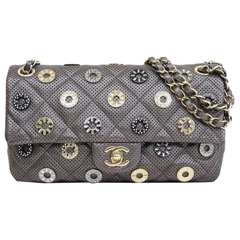 Chanel Runway Gray Gold Gunmetal Rhinestone Medium Shoulder Flap