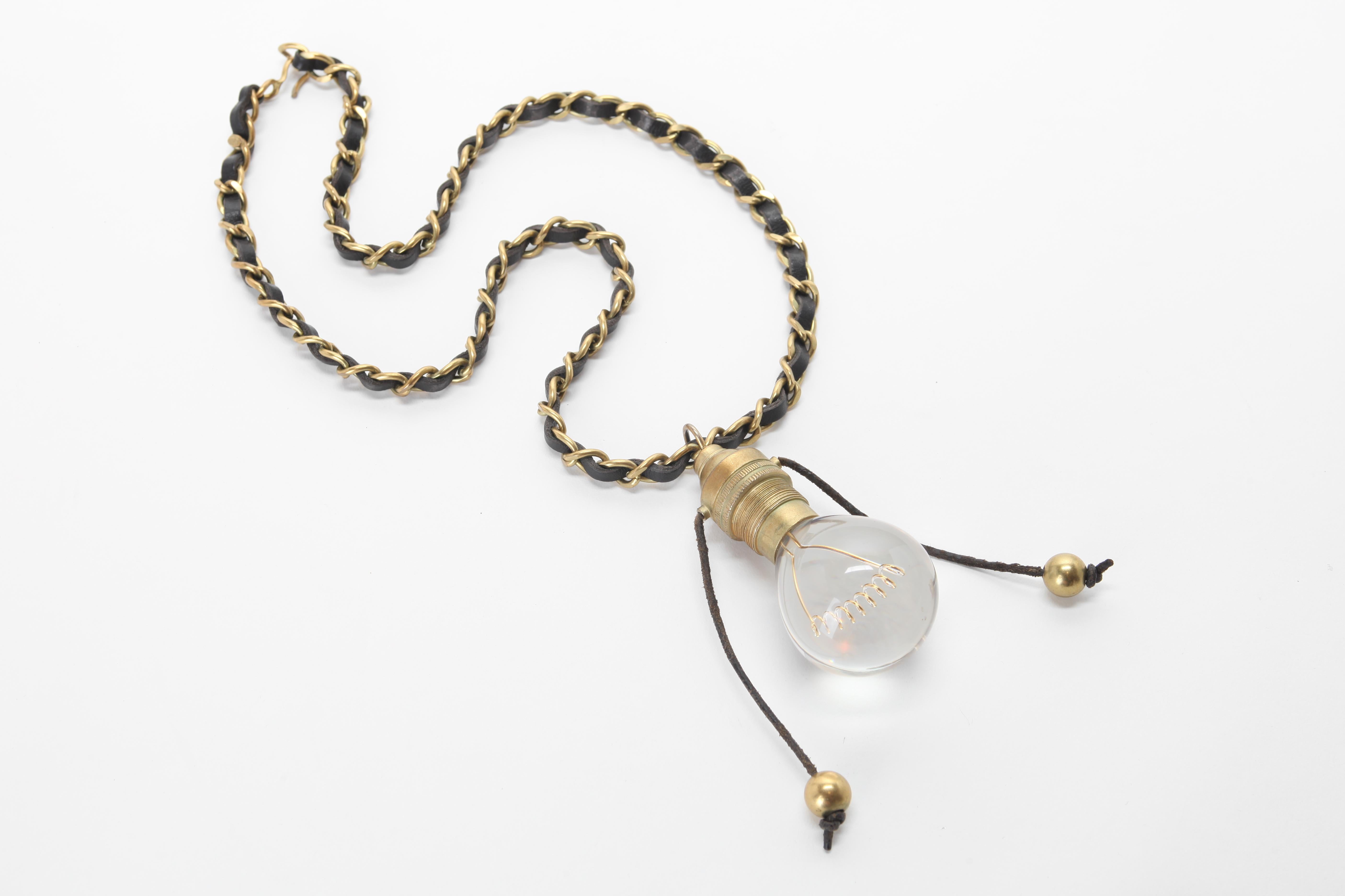 CHANEL Runway Leather Gold Light Bulb Chain Necklace 1994; Gold Plated Brass and Leather; Cord Light Bulb Pull Strings.
