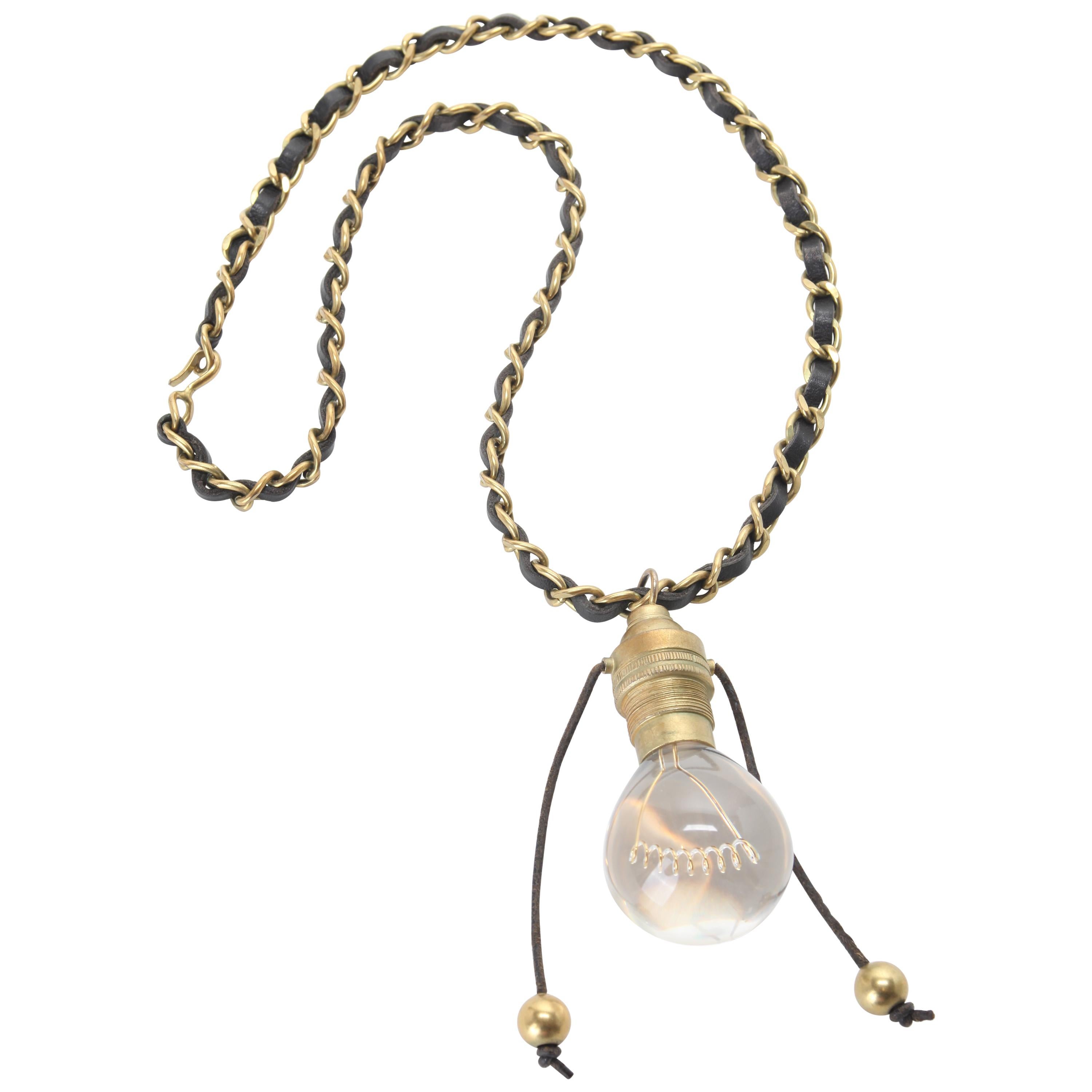 CHANEL Runway Leather Gold Light Bulb Chain Necklace 1994