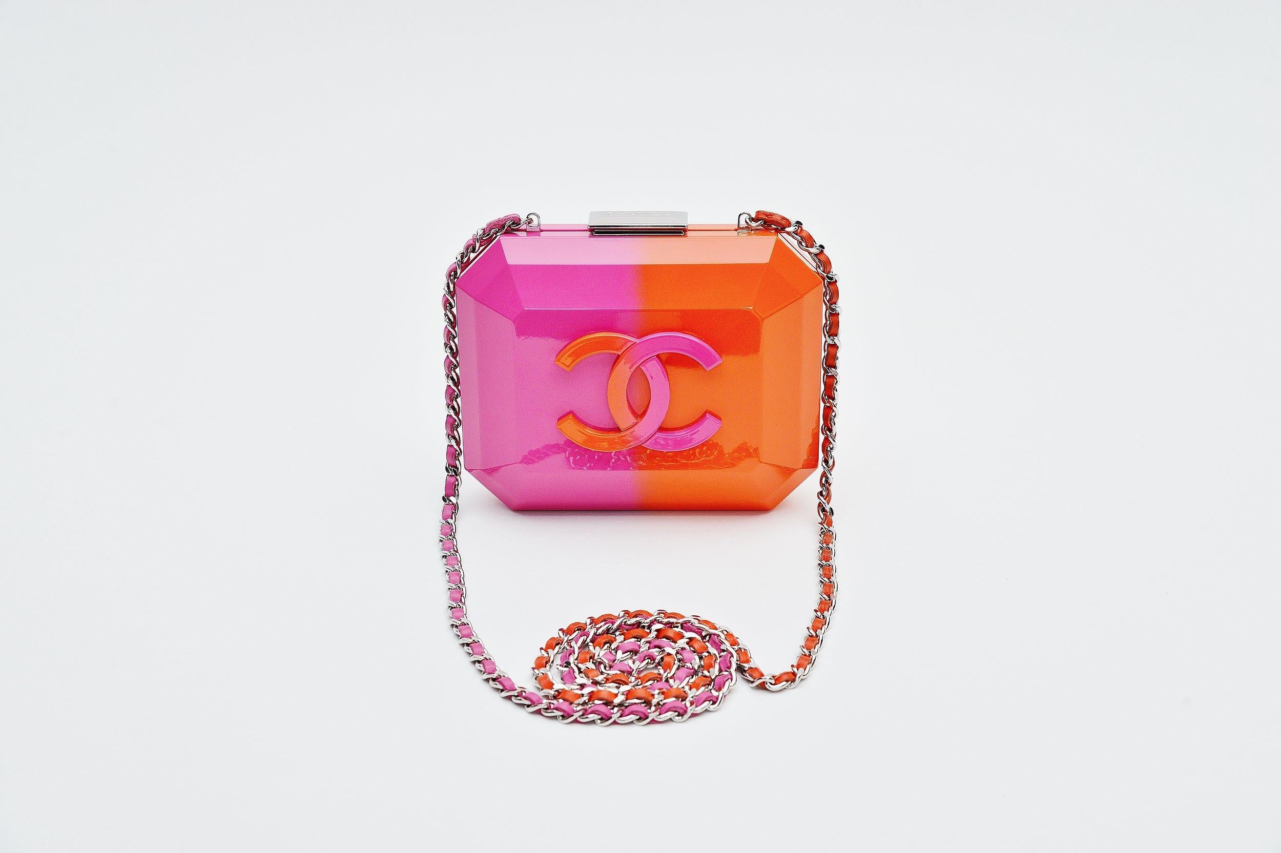 Women's Chanel Runway Minaudière Ombre Pink & Orange Hard Shell Handbag Clutch