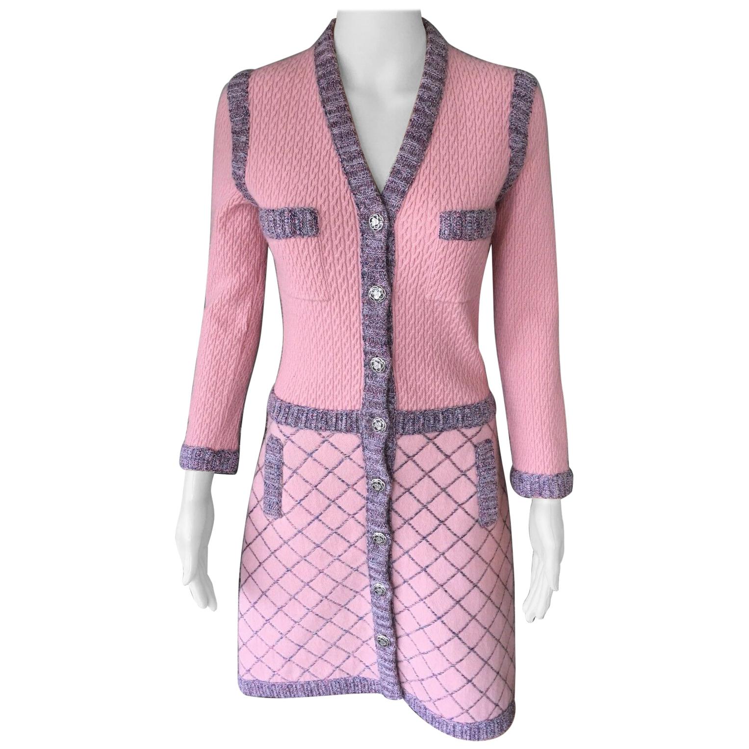 Chanel Runway Pink Cashmere Camellia Buttons Pink Dress