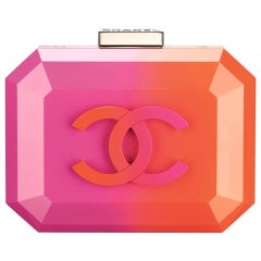 Chanel Runway Pink Orange Resin Silver Leather Evening Clutch Shoulder Box Bag
