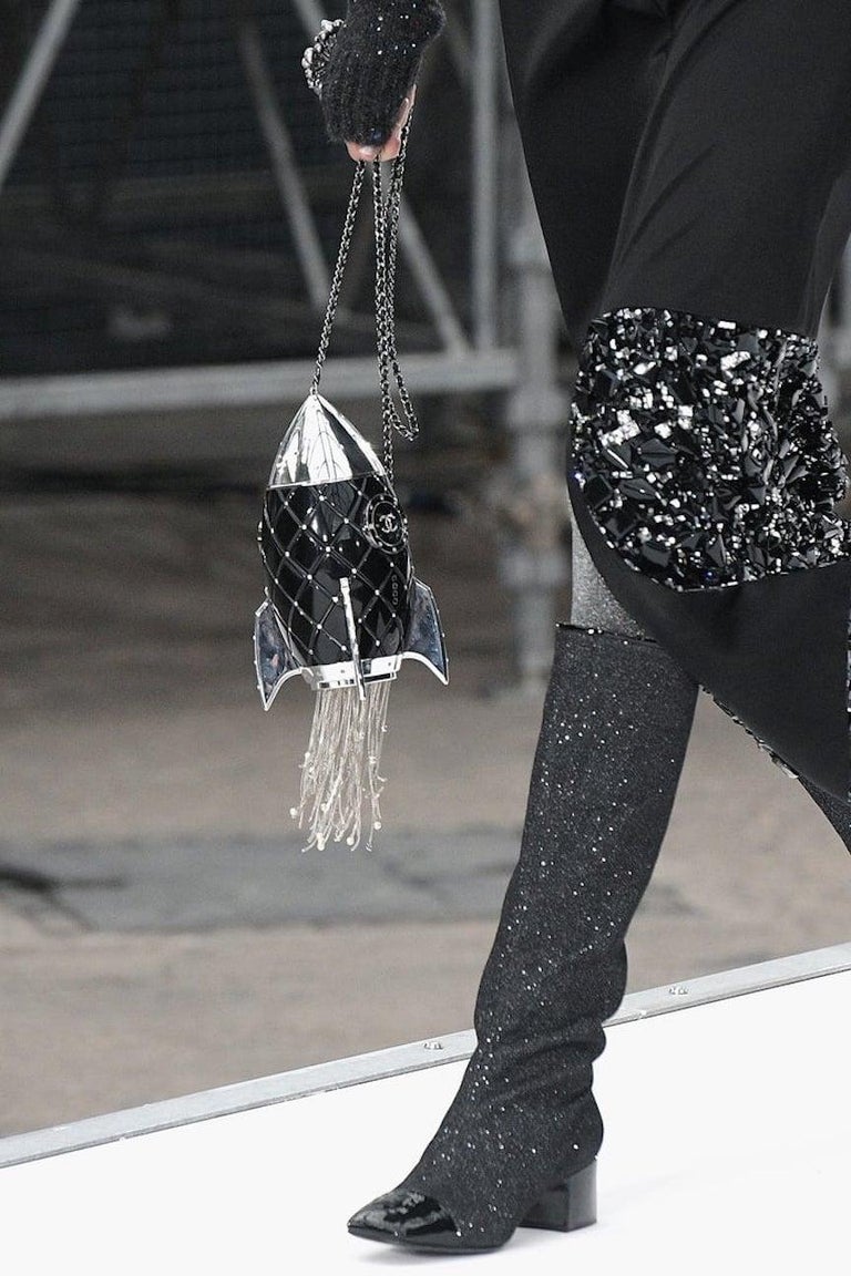 Chanel Runway Rare Black Resin Leather Silver Space Ship Evening Shoulder  Bag