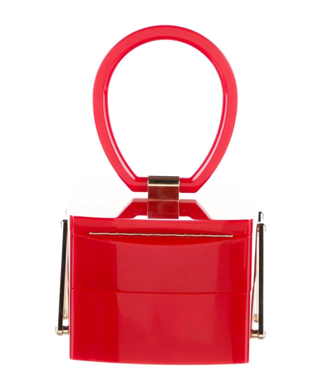 Women's Chanel Runway Red Plexiglass Gold Small Mini Jewelry Box Top Handle Evening Bag