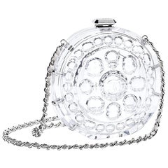 Chanel Runway Small Clear Plexi Round Silver Leather Evening Clutch Shoulder Bag