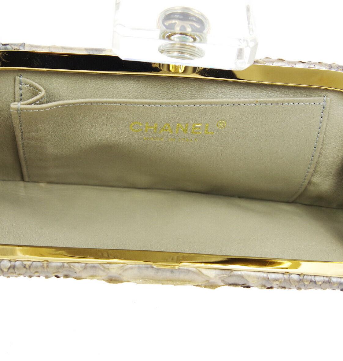 Women's Chanel Runway Snakeskin Nude Tan Perfume Top Acrylic Pochette Evening Clutch Bag
