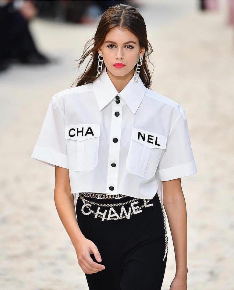 Chanel Runway White Cotton Black 'CHANEL' Short Sleeve Button Collar Shirt  at 1stDibs | chanel shirt women, chanel shirts, chanel white shirt
