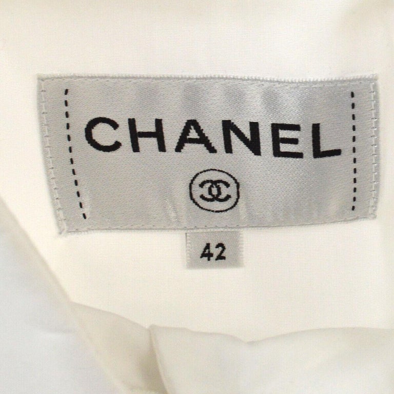 Chanel Runway White Cotton Black 'CHANEL' Short Sleeve Button Collar ...