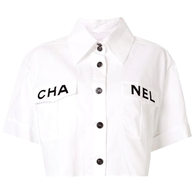 Chanel Runway White Cotton Black 'CHANEL' Short Sleeve Button