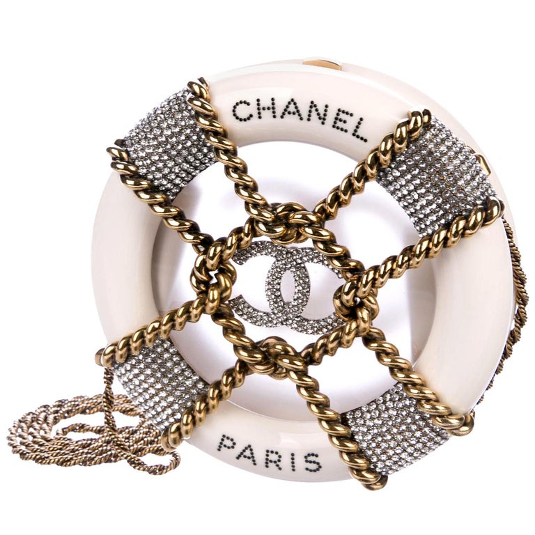 CHANEL Sphere Ball Chain Shoulder Bag White Gold CC Auth 26777a