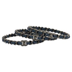 Chanel Ruthenium Blue Leather Bangle Bracelets, Set of 3