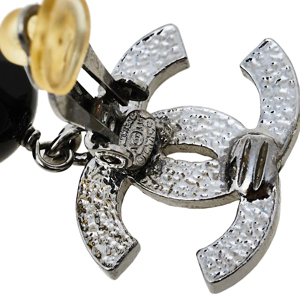 Women's Chanel Ruthenium CC Black Bead Drop Clip On Earrings