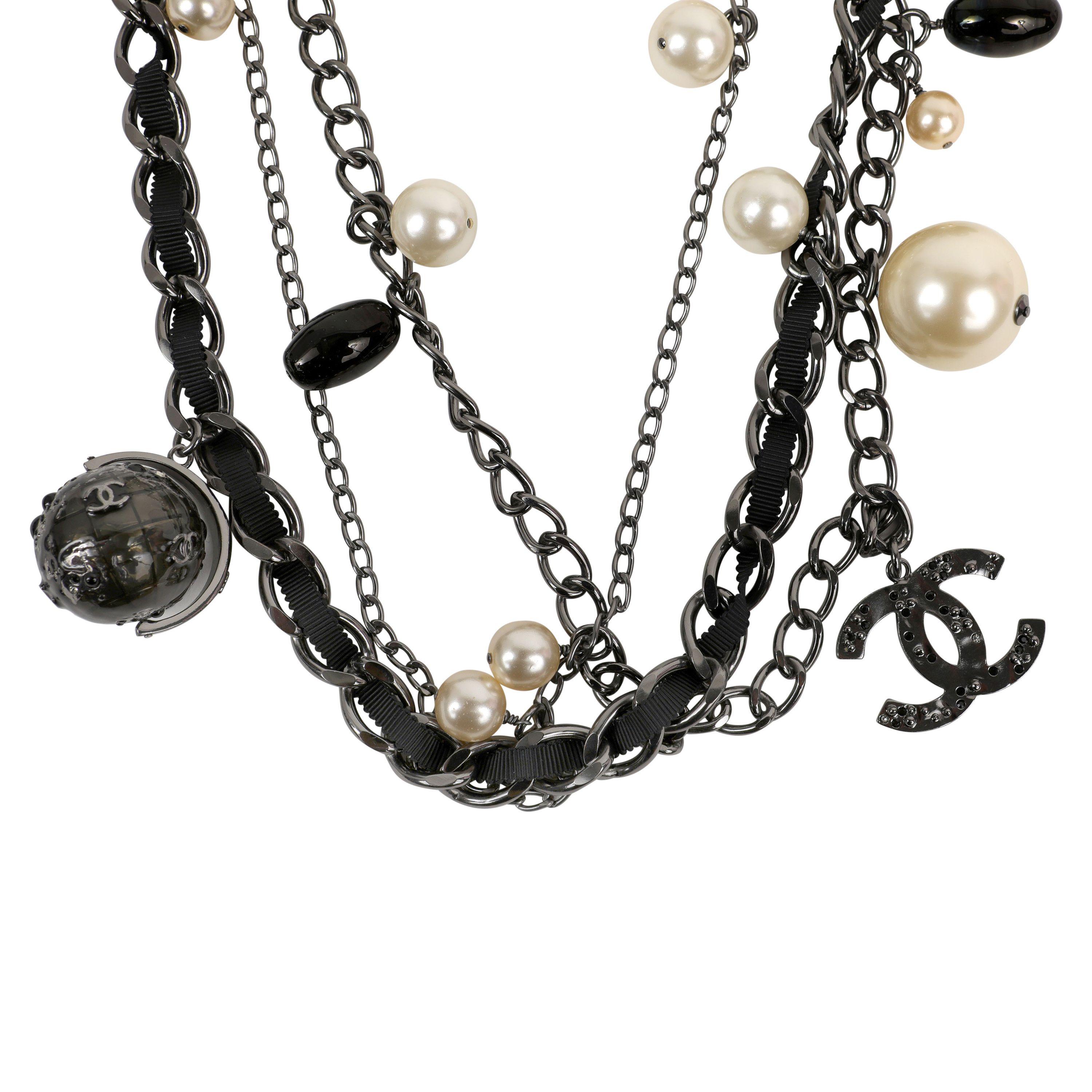Chanel Ruthenium Globe Multi Chain Necklace with Pearls In Excellent Condition For Sale In Palm Beach, FL