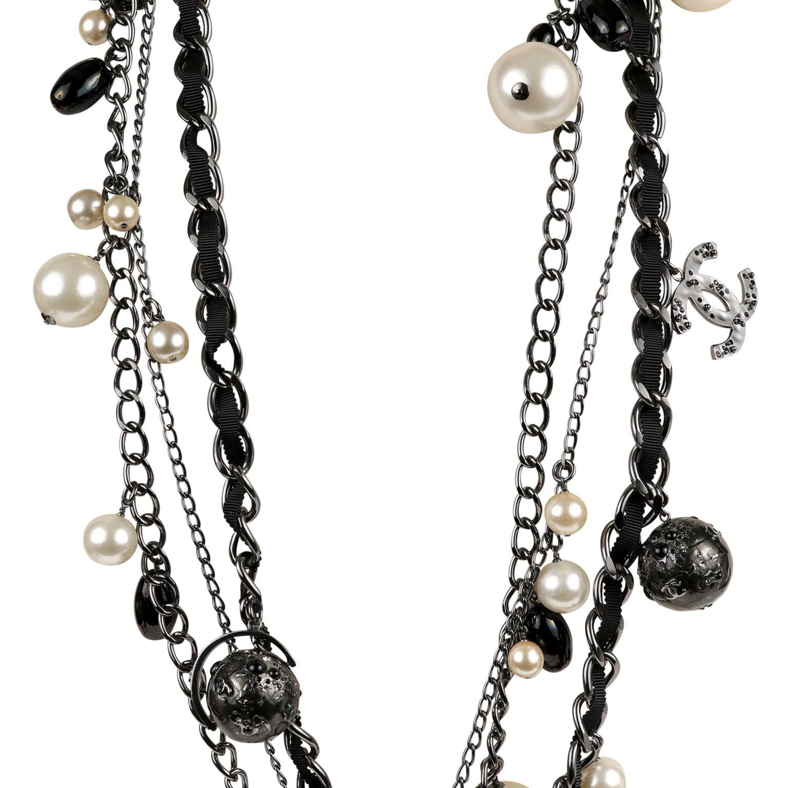 Women's or Men's Chanel Ruthenium Globe Multi Chain Necklace with Pearls For Sale