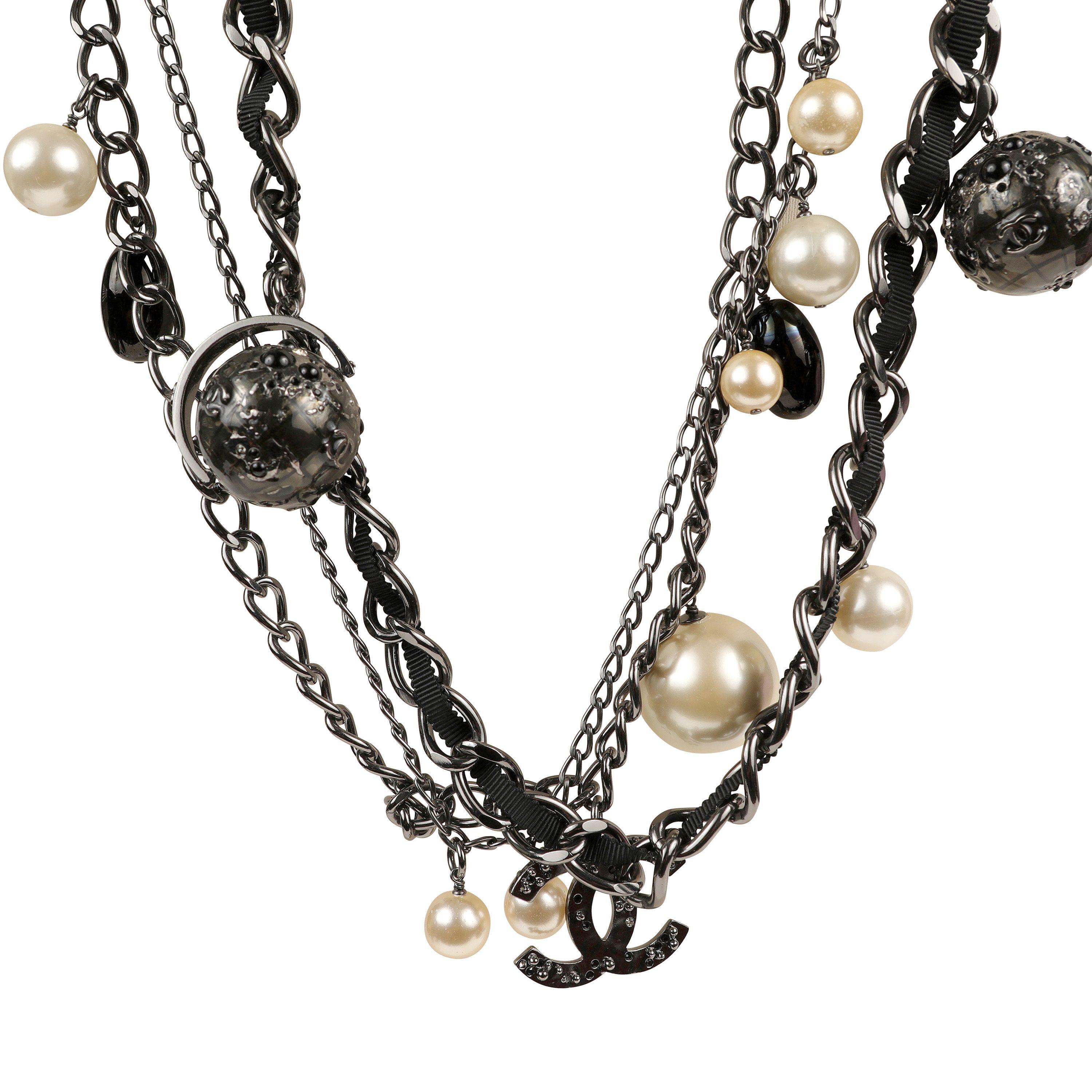 Chanel Ruthenium Globe Multi Chain Necklace with Pearls For Sale 1