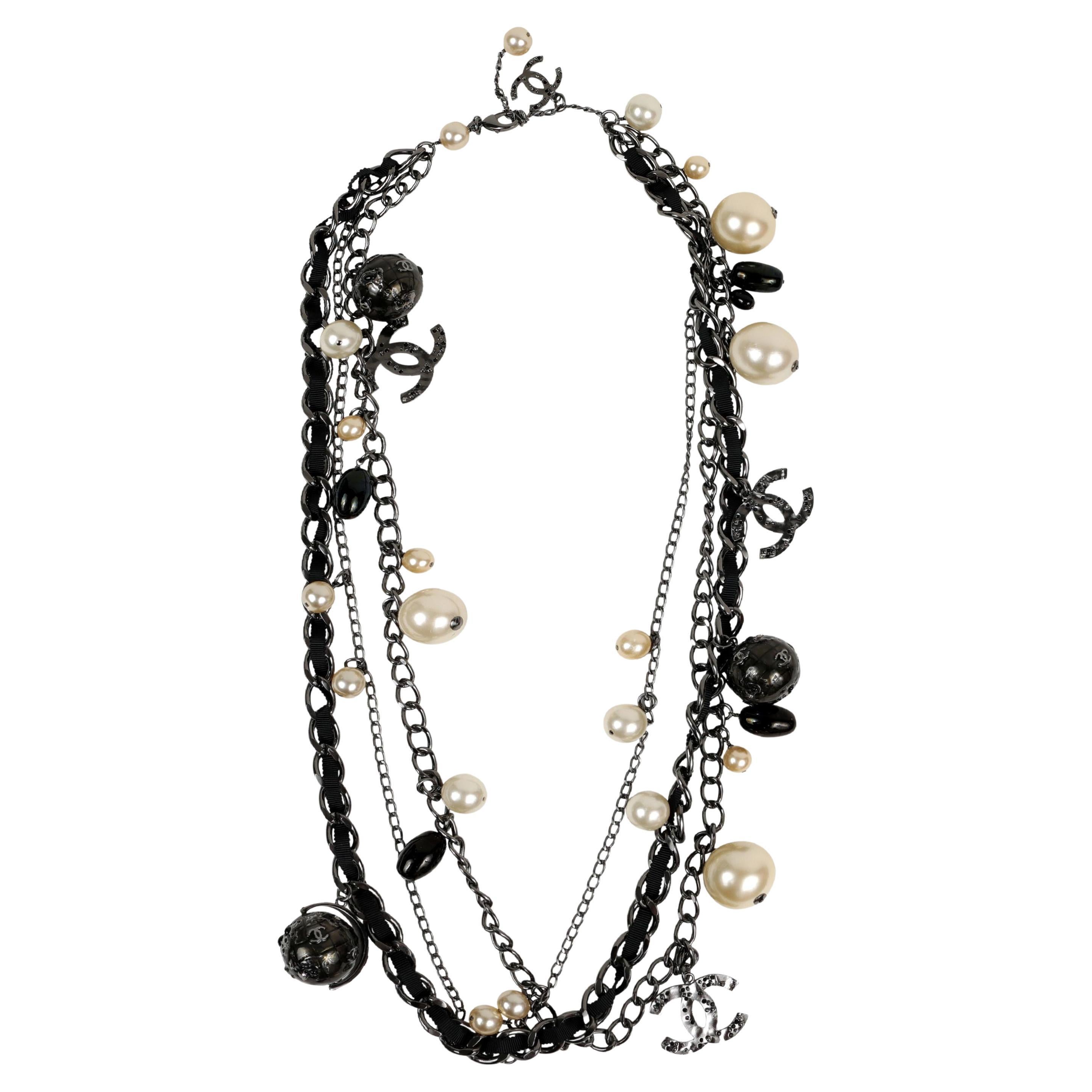 Chanel Ruthenium Globe Multi Chain Necklace with Pearls For Sale