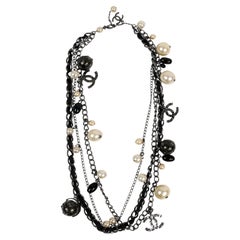 Used Chanel Ruthenium Globe Multi Chain Necklace with Pearls
