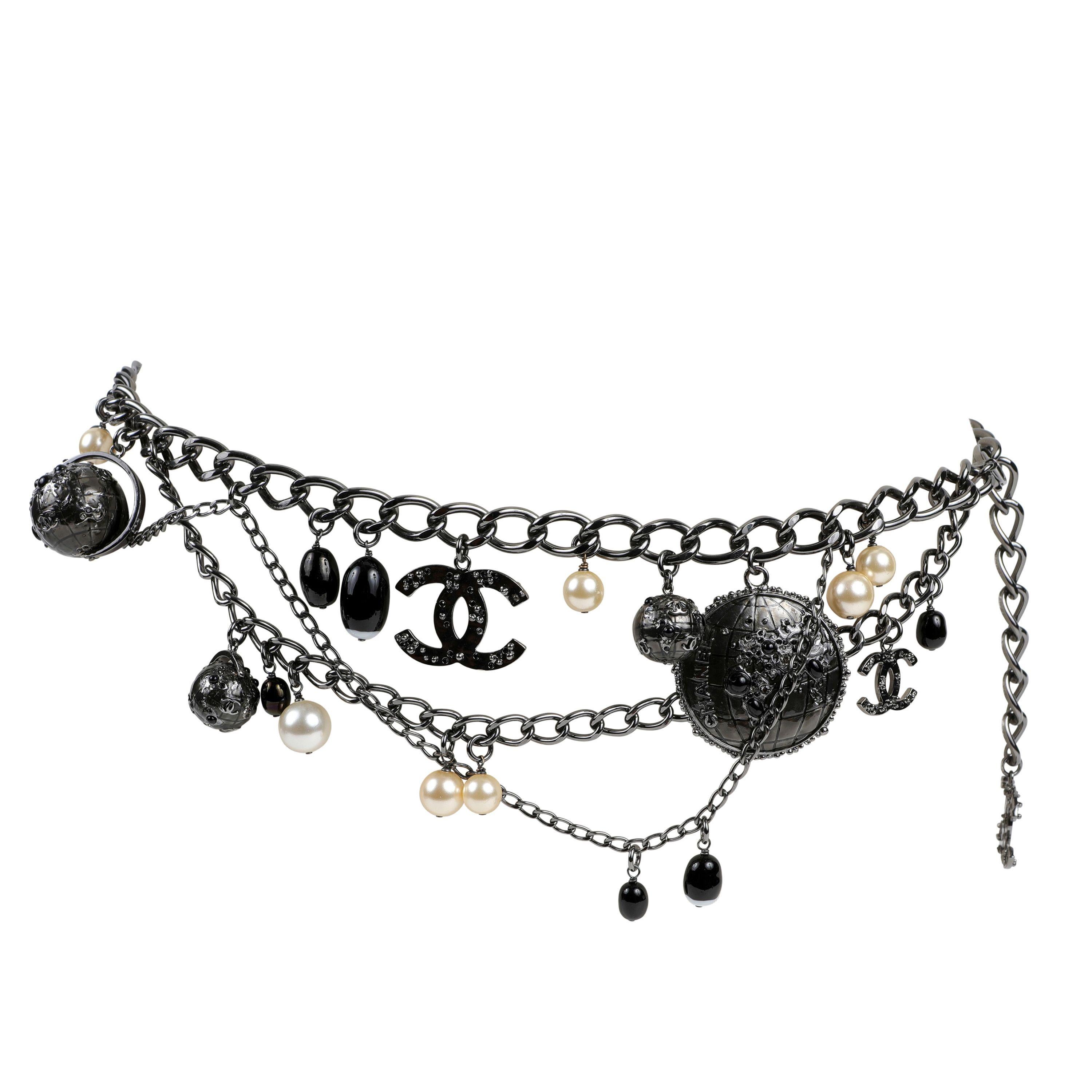 Black Chanel Ruthenium Globe Multi Strand Belt/ Necklace with Pearls For Sale