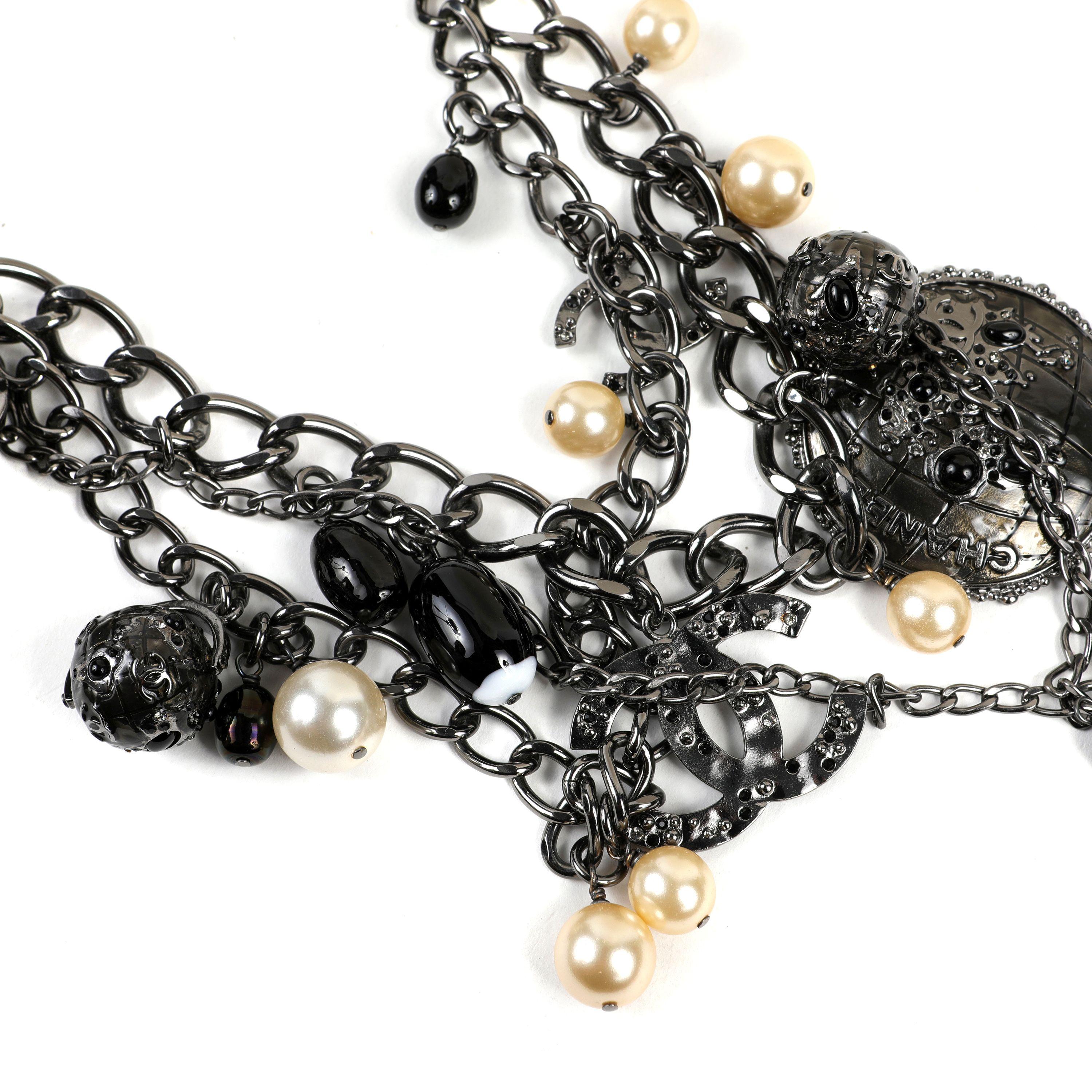Chanel Ruthenium Globe Multi Strand Belt/ Necklace with Pearls In Excellent Condition For Sale In Palm Beach, FL