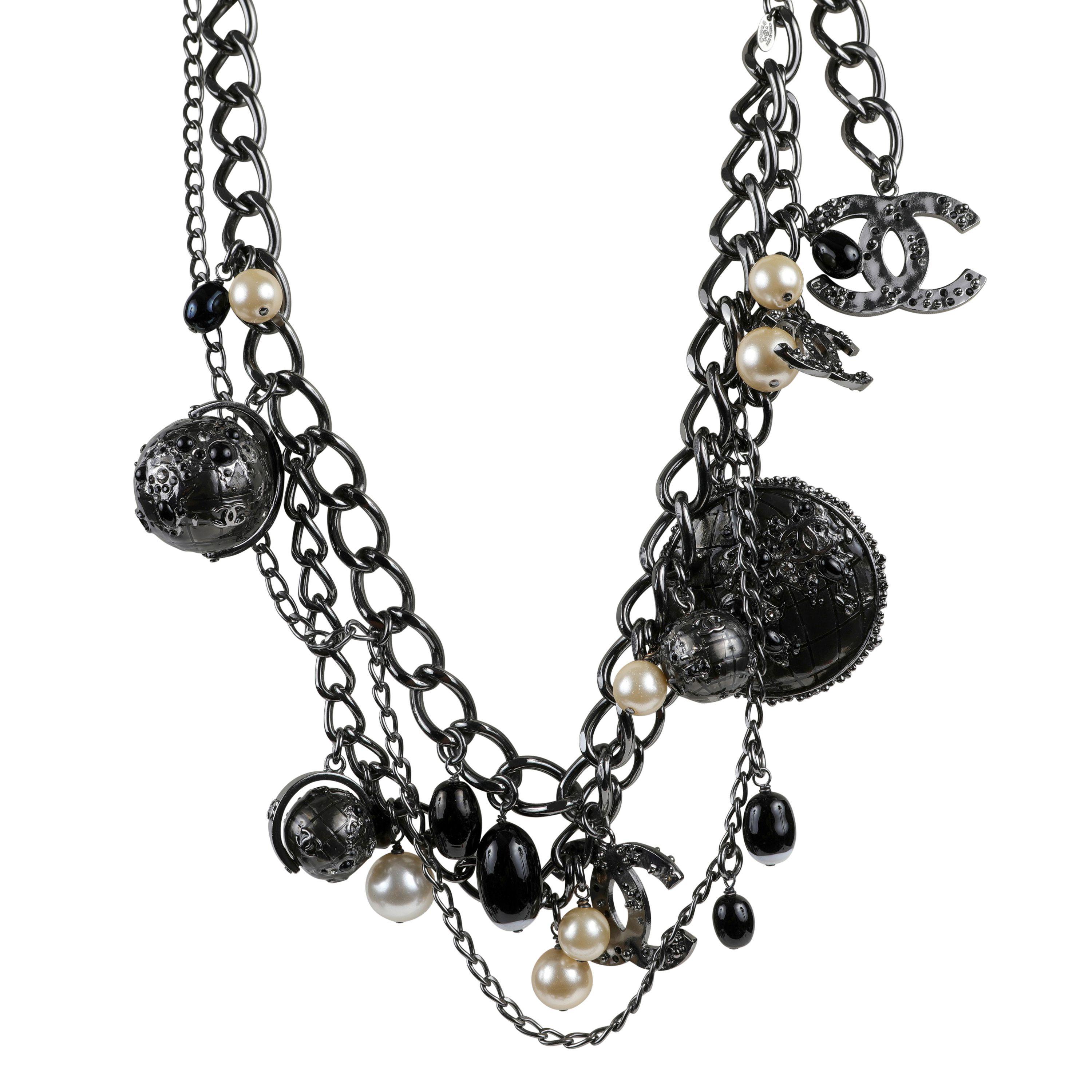 Women's Chanel Ruthenium Globe Multi Strand Belt/ Necklace with Pearls For Sale
