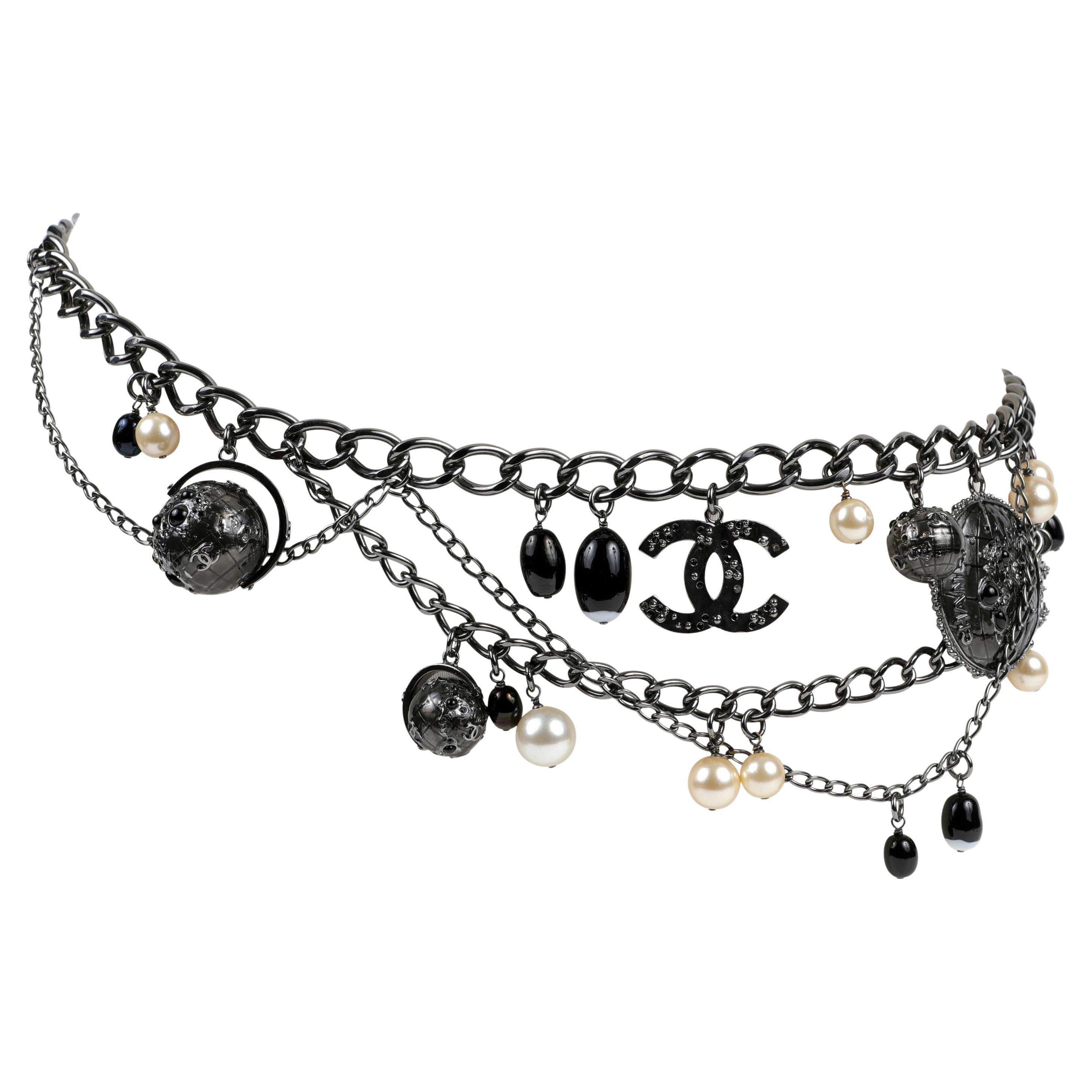 Chanel Ruthenium Globe Multi Strand Belt/ Necklace with Pearls For Sale
